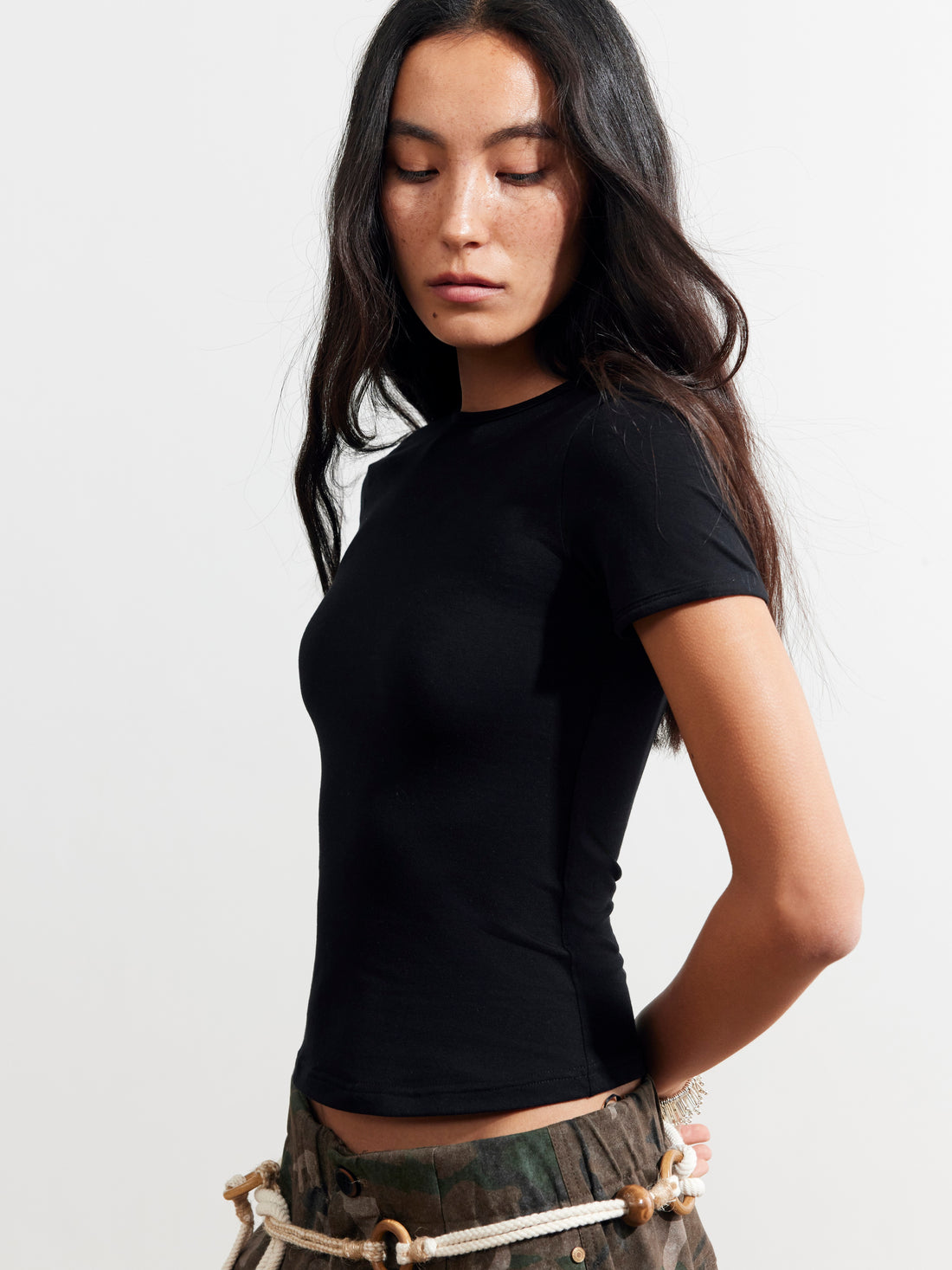 Dpercent 25SS Front shoulder basic all-purpose short round-neck slim-fit   T-shirt