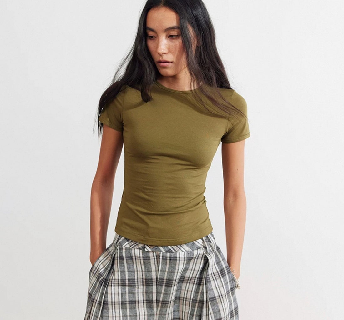 Dpercent 25SS Front shoulder basic all-purpose short round-neck slim-fit   T-shirt