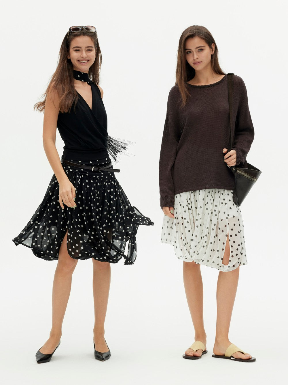Polka Dot Midi Skirt with Asymmetrical Hem