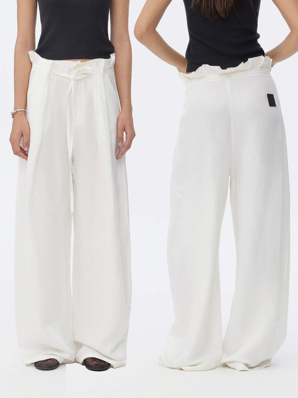 White Linen Petal Waist Loose Casual Pants