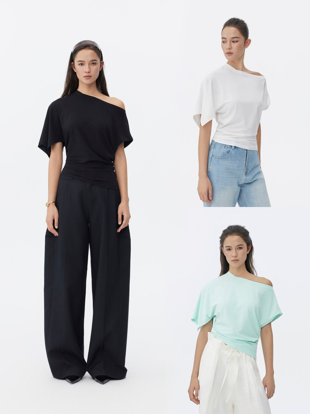 Three-colour Asymmetrical Waist-Cinched One-Shoulder Short Sleeve