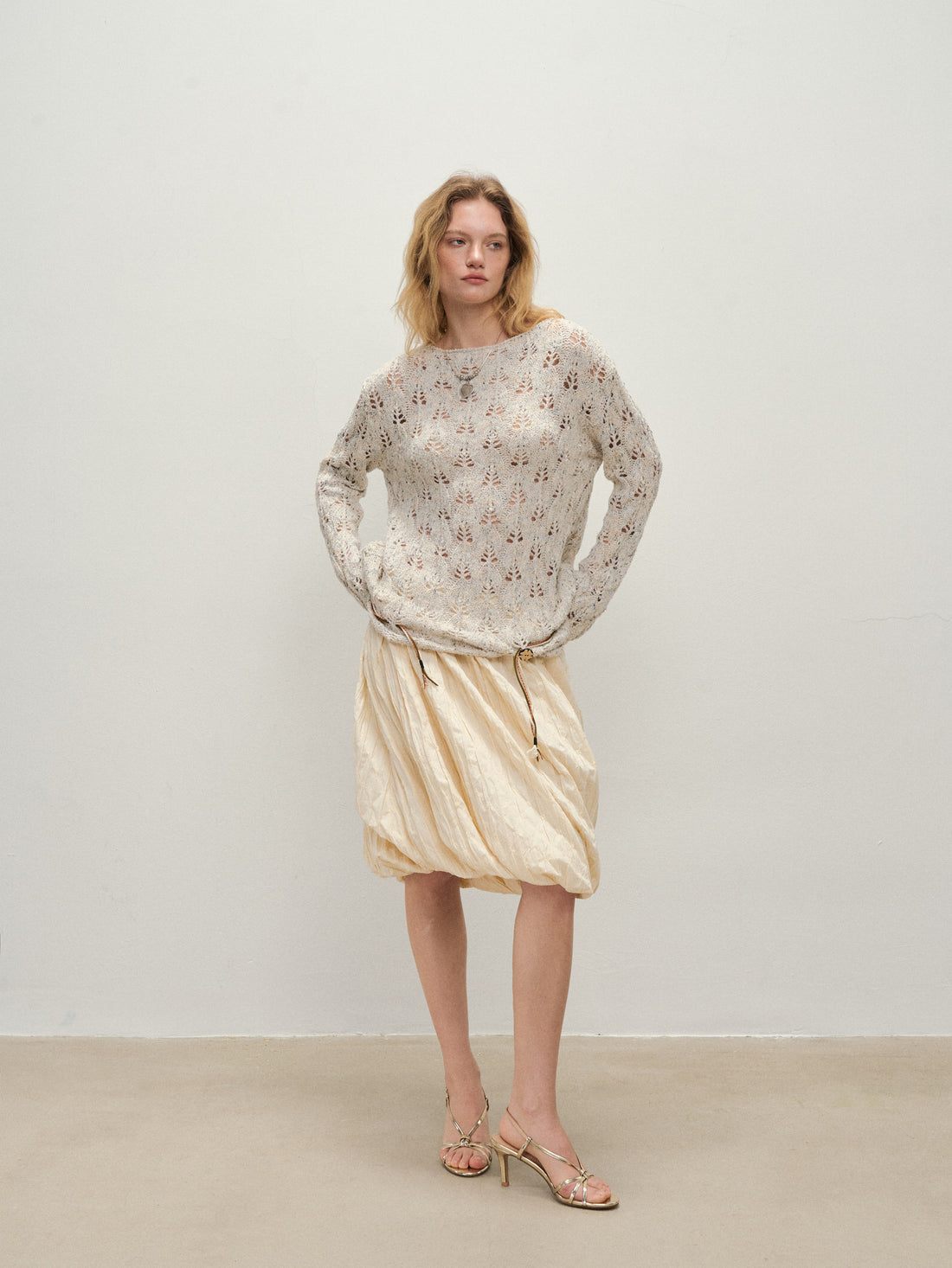 Dpercent 25SS Apricot-colored floral knit pullover shirt