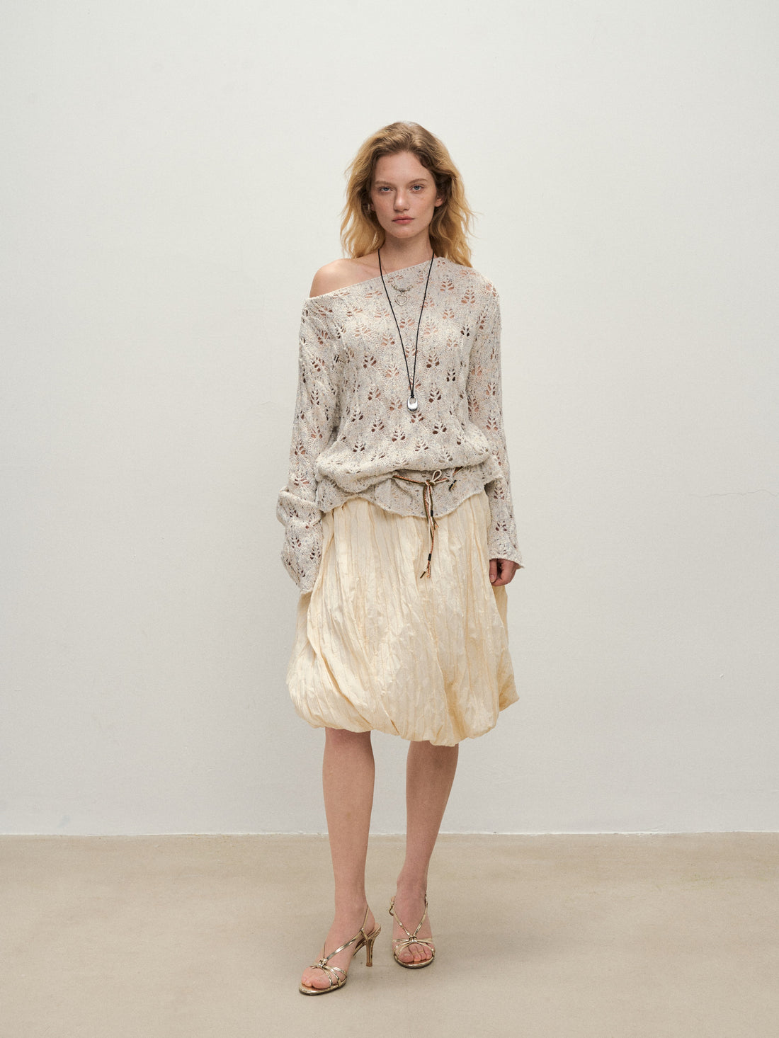 Dpercent 25SS Apricot-colored floral knit pullover shirt