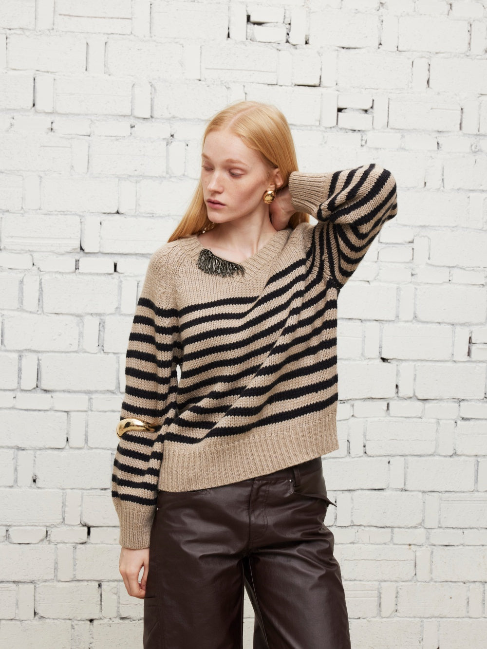 V-neck striped wool sweater