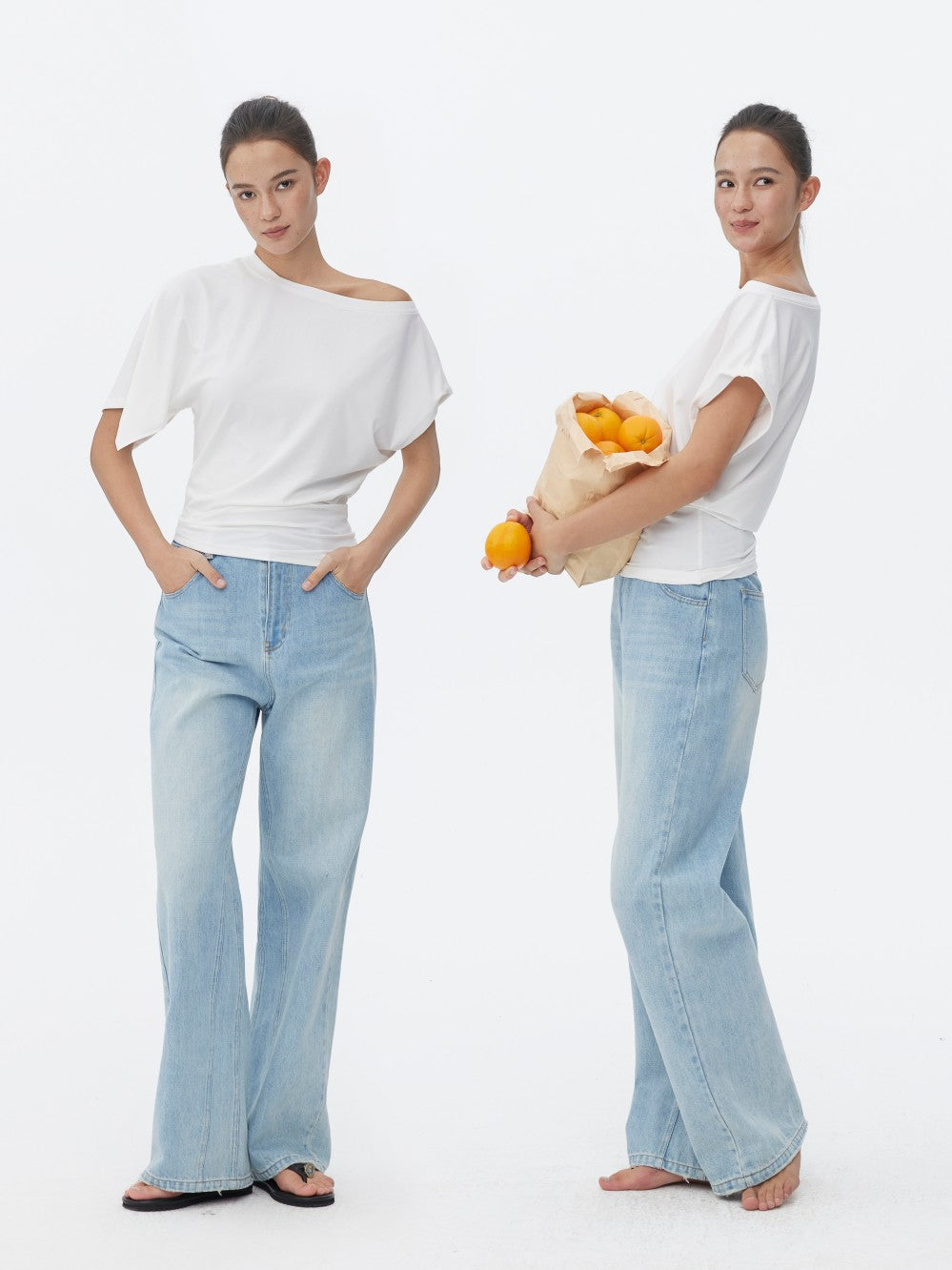 Three-colour Asymmetrical Waist-Cinched One-Shoulder Short Sleeve