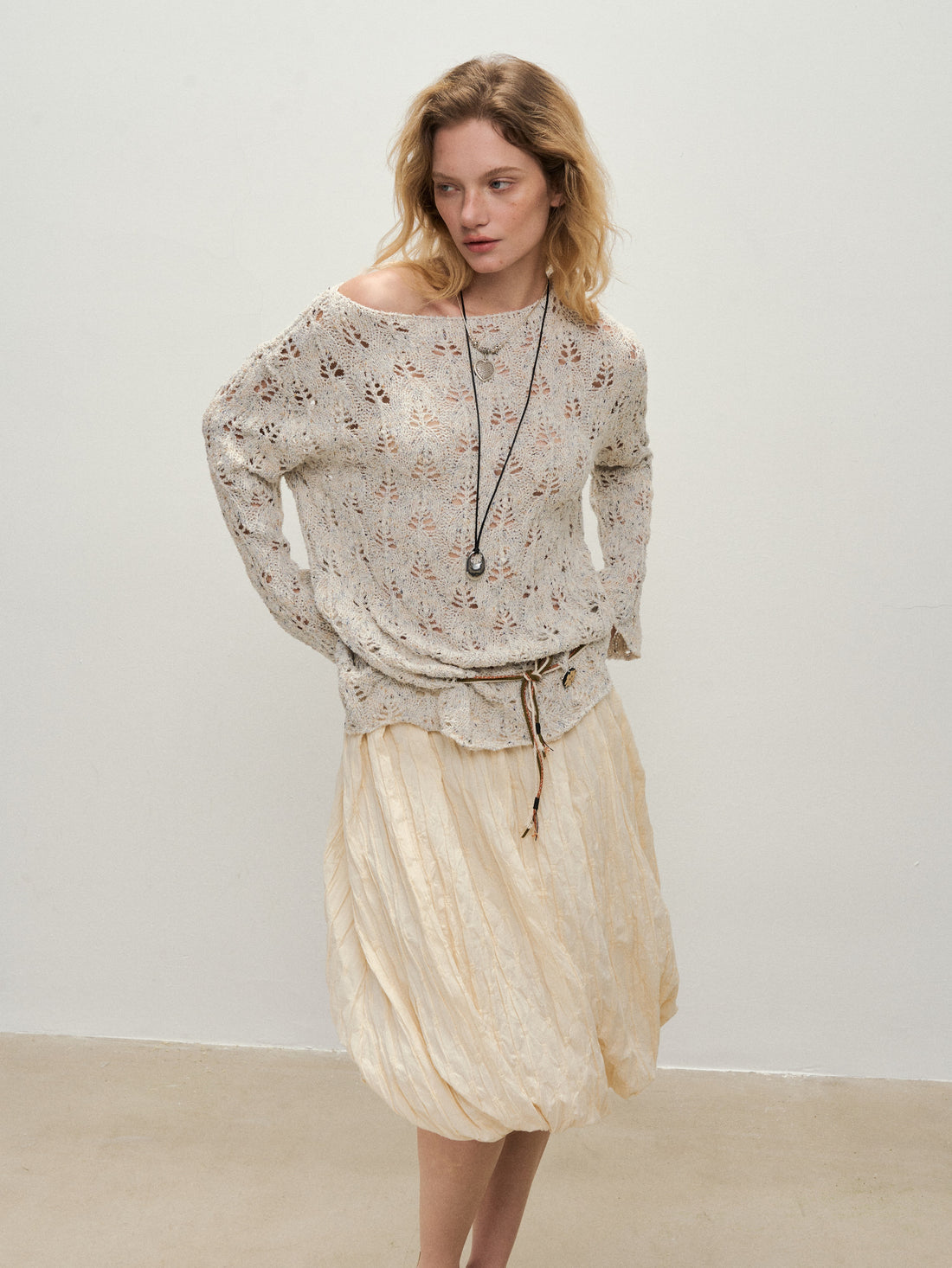 Dpercent 25SS Apricot-colored floral knit pullover shirt