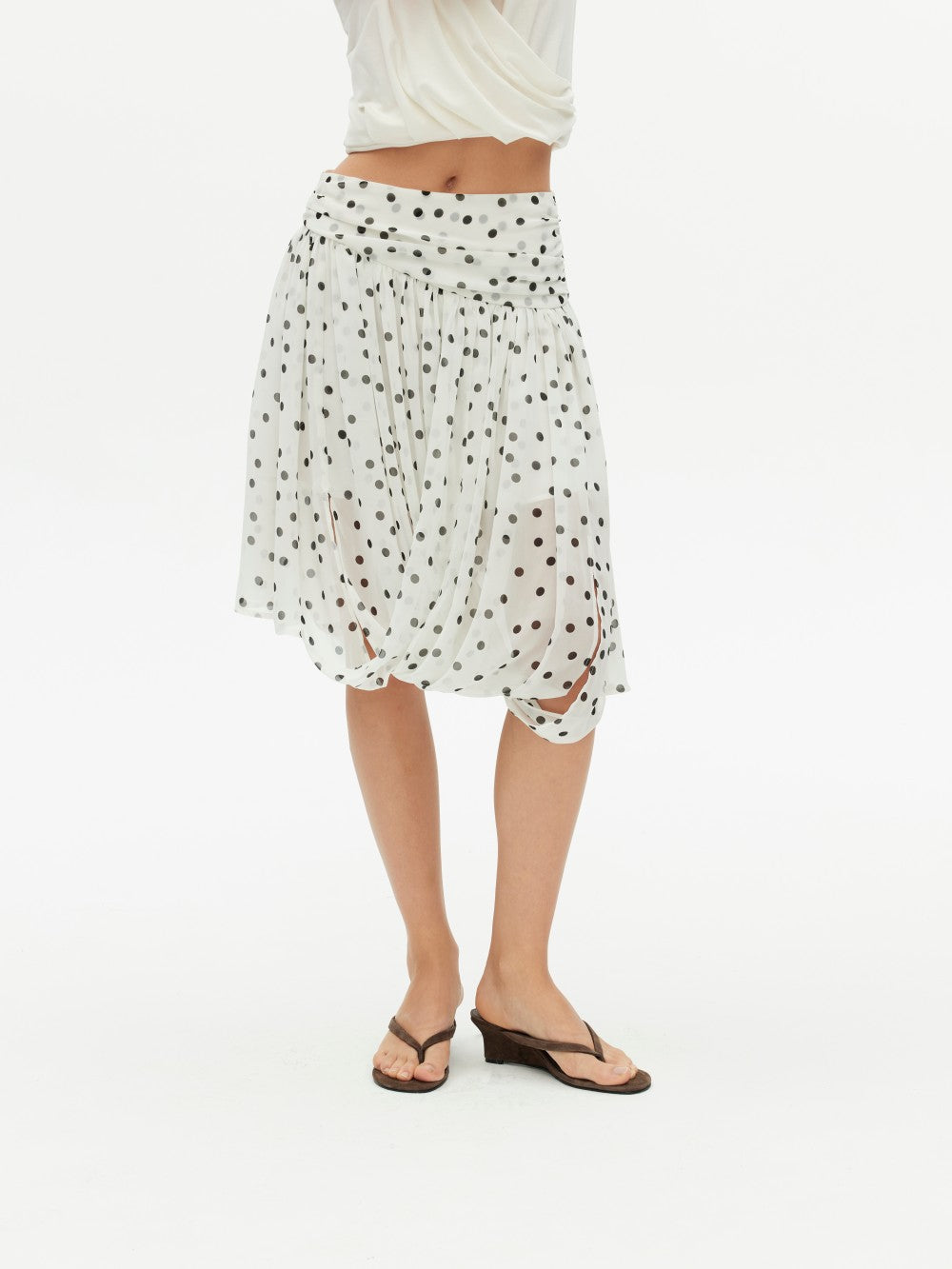 Polka Dot Midi Skirt with Asymmetrical Hem