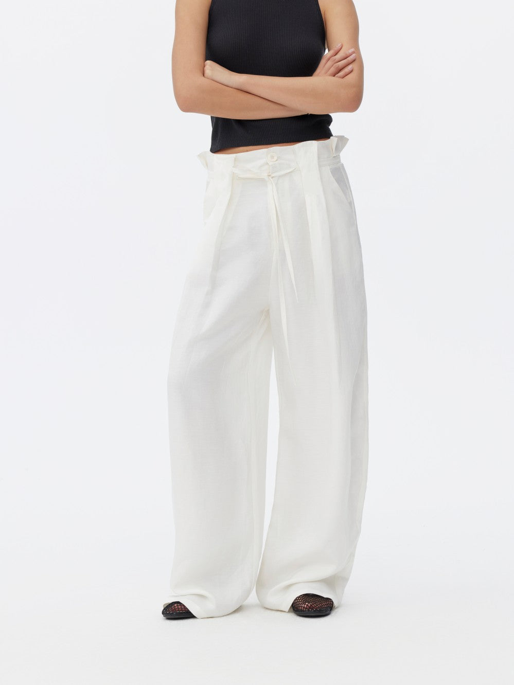 White Linen Petal Waist Loose Casual Pants
