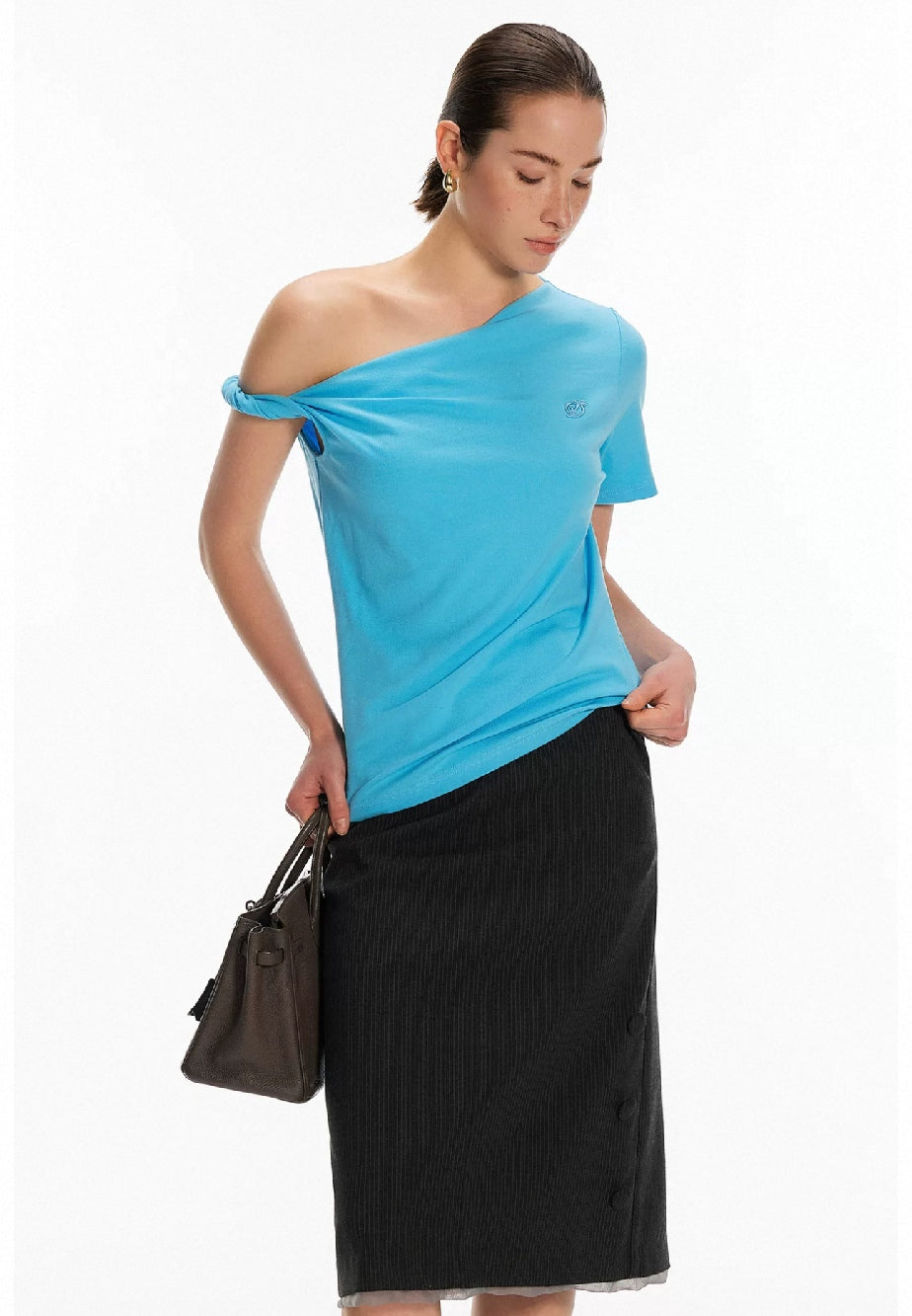 Blue One-Shoulder Twist Short-Sleeve Top