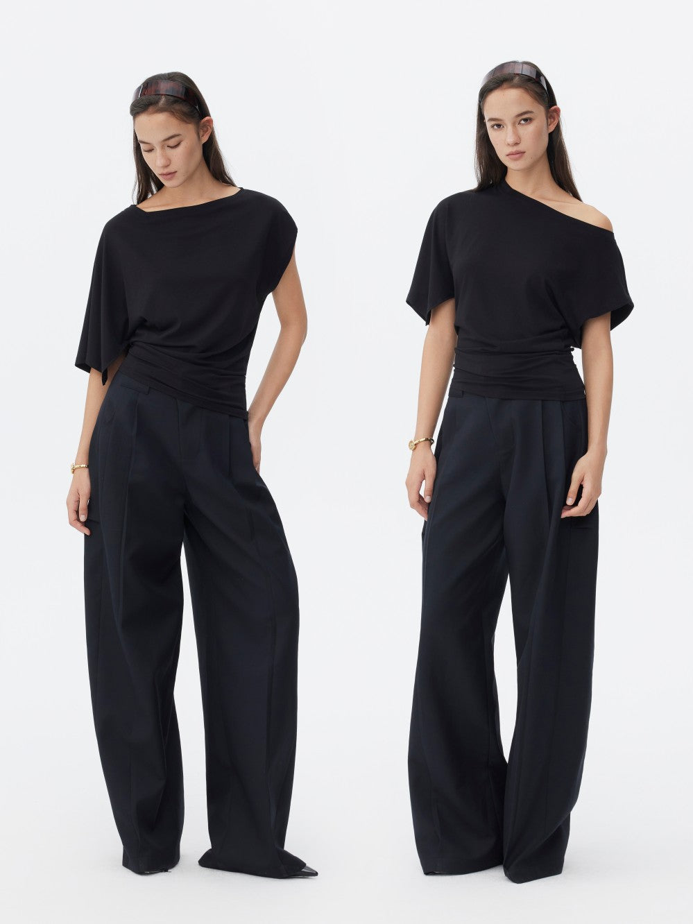 Three-colour Asymmetrical Waist-Cinched One-Shoulder Short Sleeve