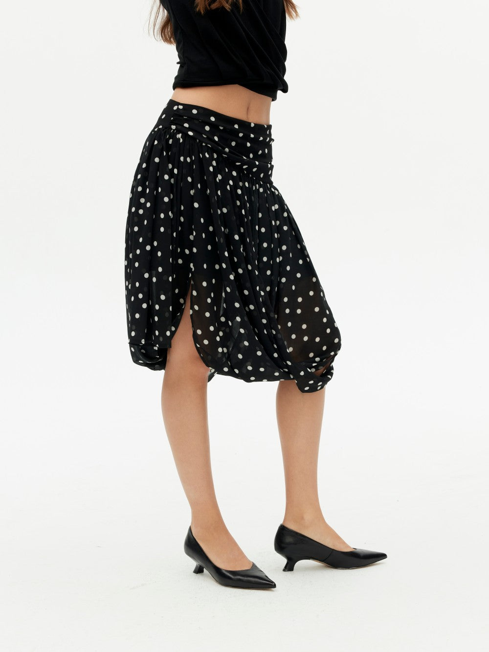 Polka Dot Midi Skirt with Asymmetrical Hem