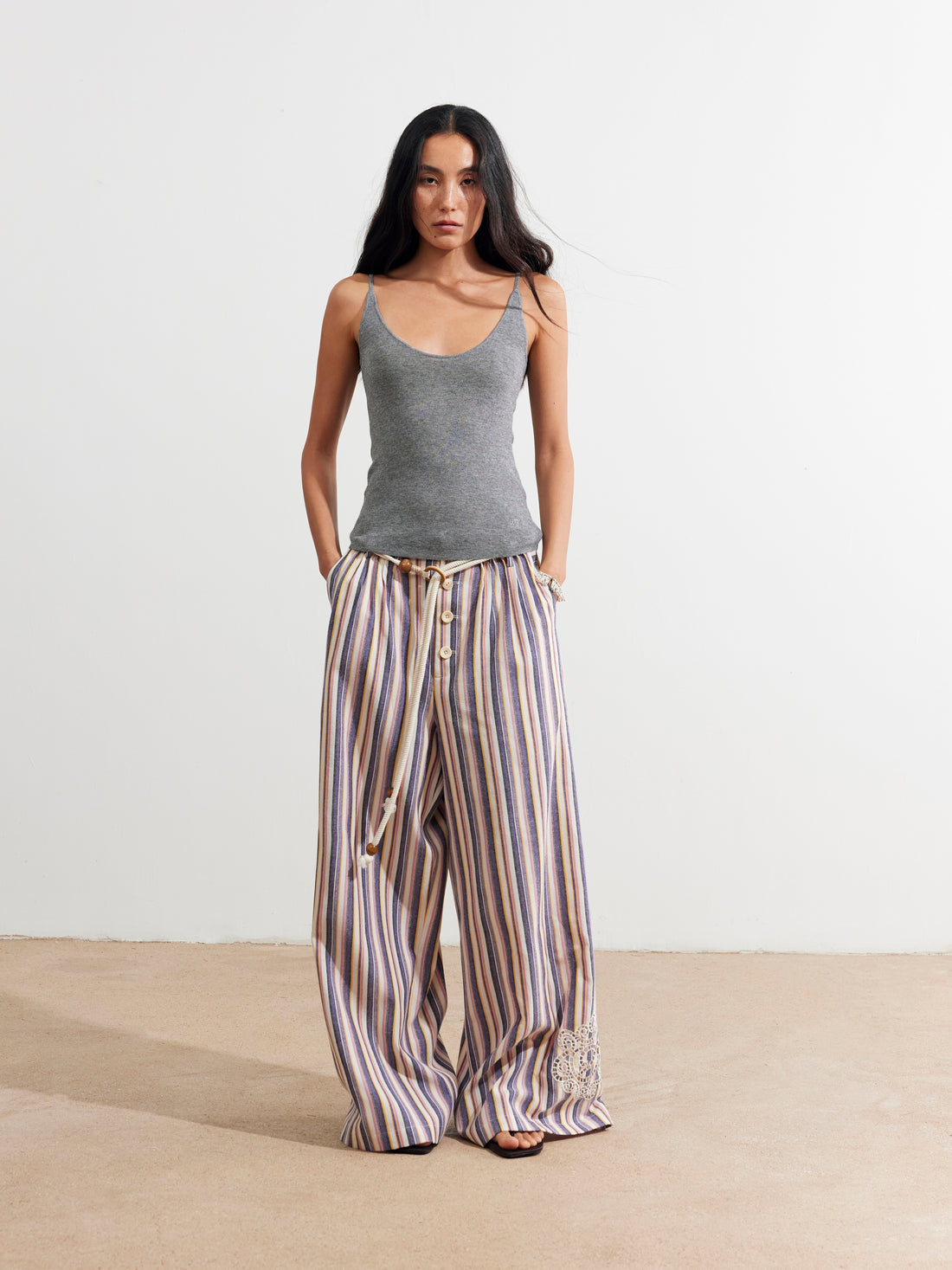 Dpercent 25SS Laser-cut embroidered wave pleated stripe wide-leg pants