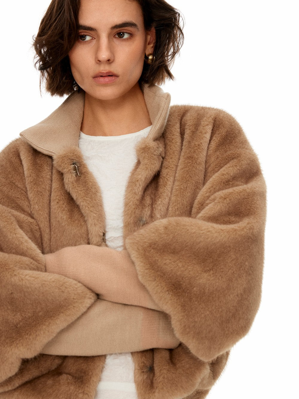 3/4 Sleeve Stand Collar Faux Fur Coat