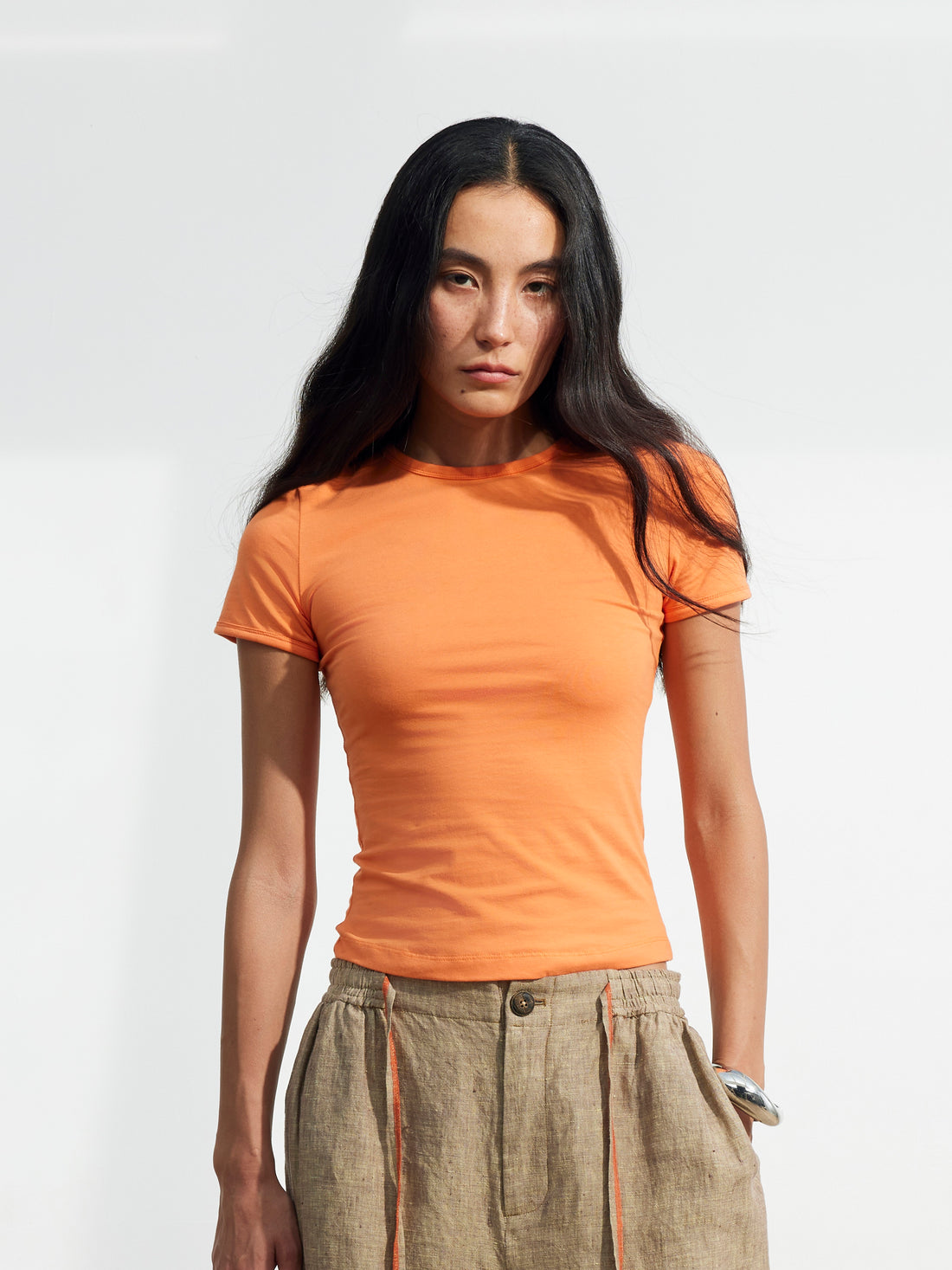 Dpercent 25SS Front shoulder basic all-purpose short round-neck slim-fit   T-shirt