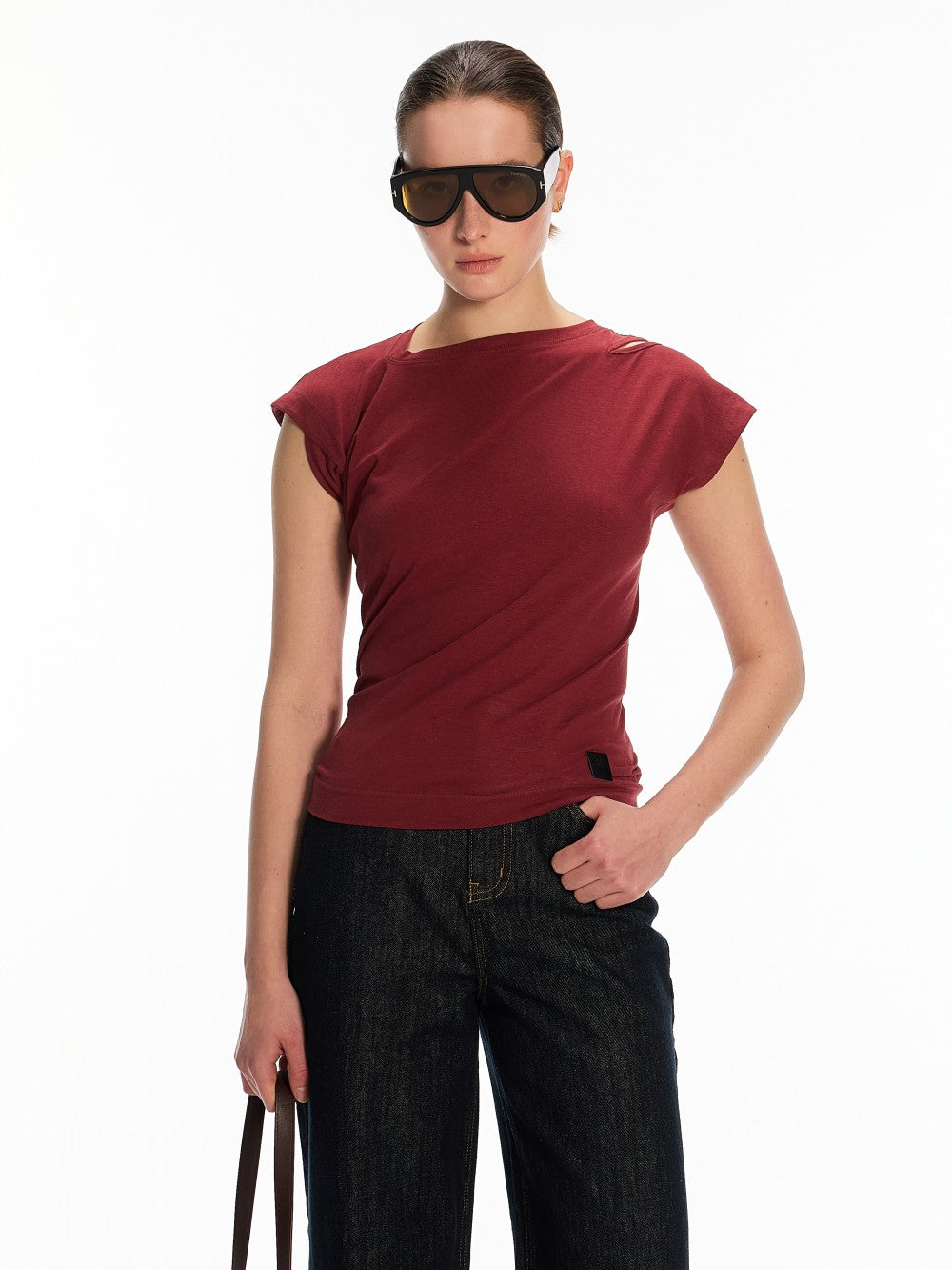 Asymmetric Shoulder Cutout Short Sleeve Top