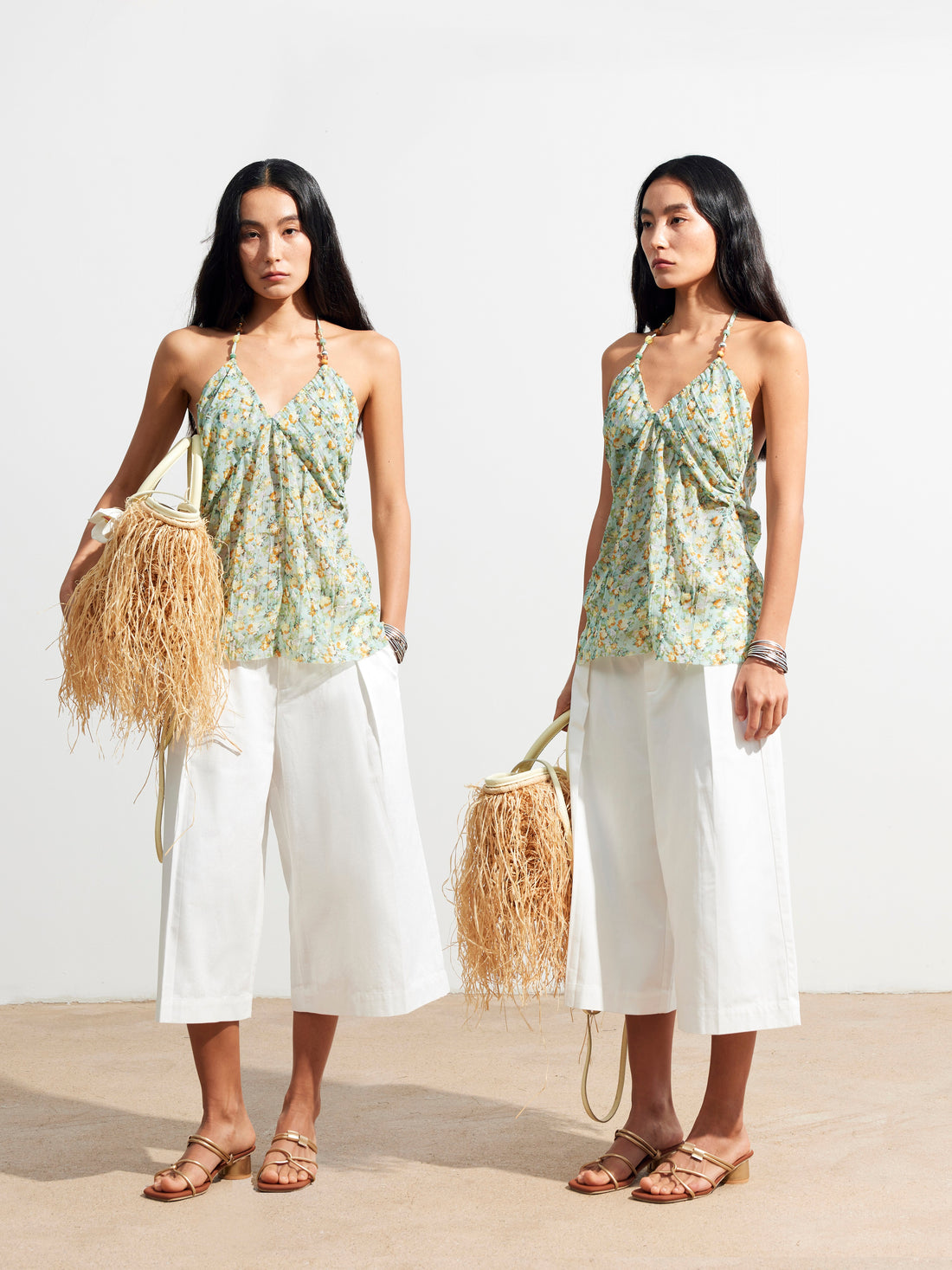 Dpercent 25SS Adjustable lace-up four-way dressing beaded floral top