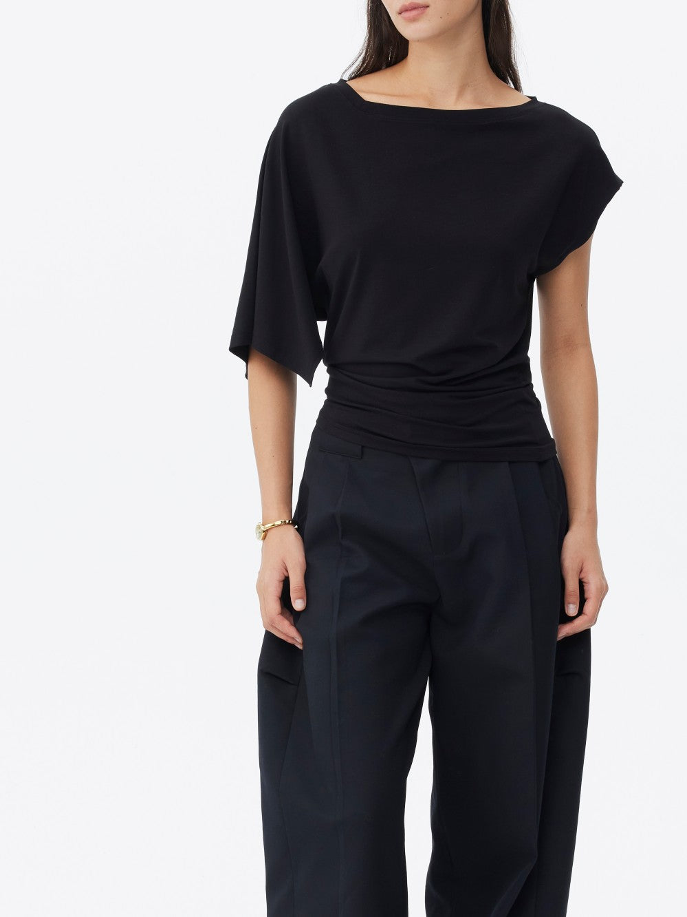 Three-colour Asymmetrical Waist-Cinched One-Shoulder Short Sleeve