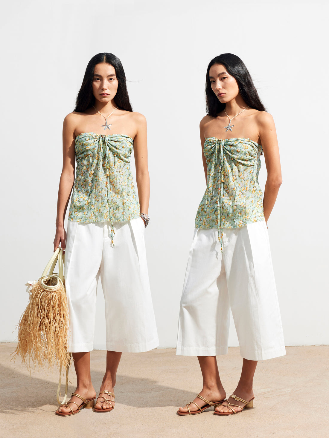 Dpercent 25SS Adjustable lace-up four-way dressing beaded floral top