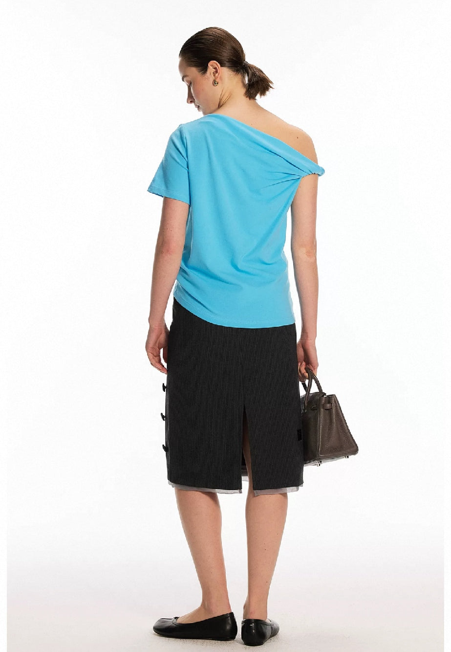 Blue One-Shoulder Twist Short-Sleeve Top