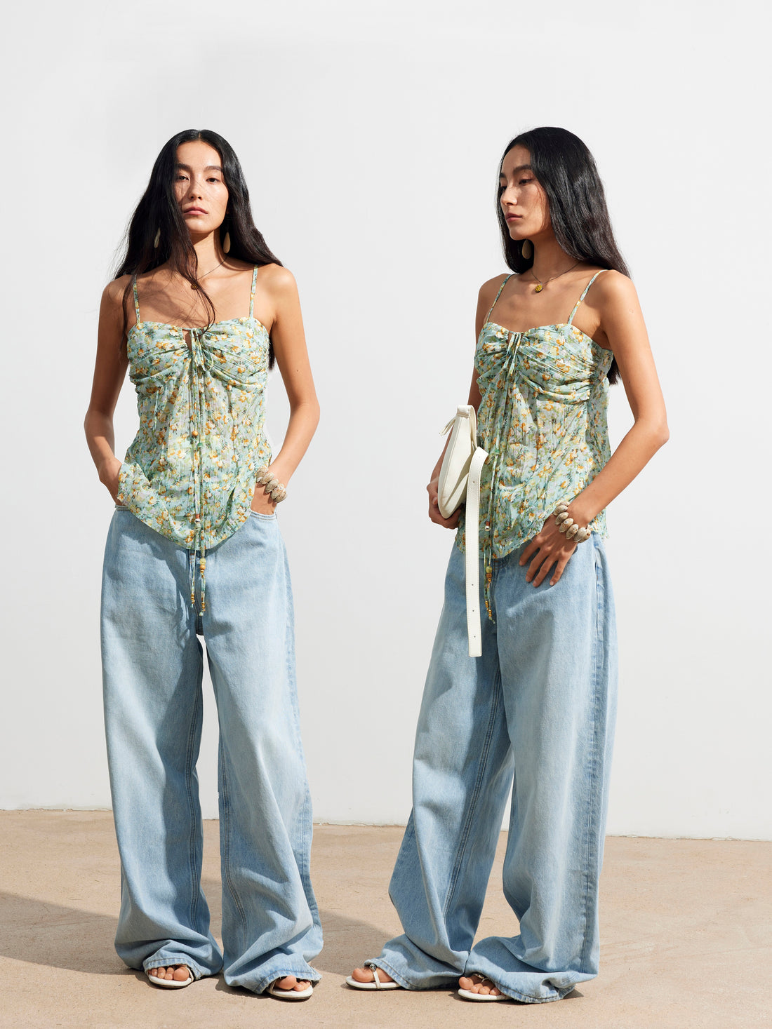 Dpercent 25SS Adjustable lace-up four-way dressing beaded floral top