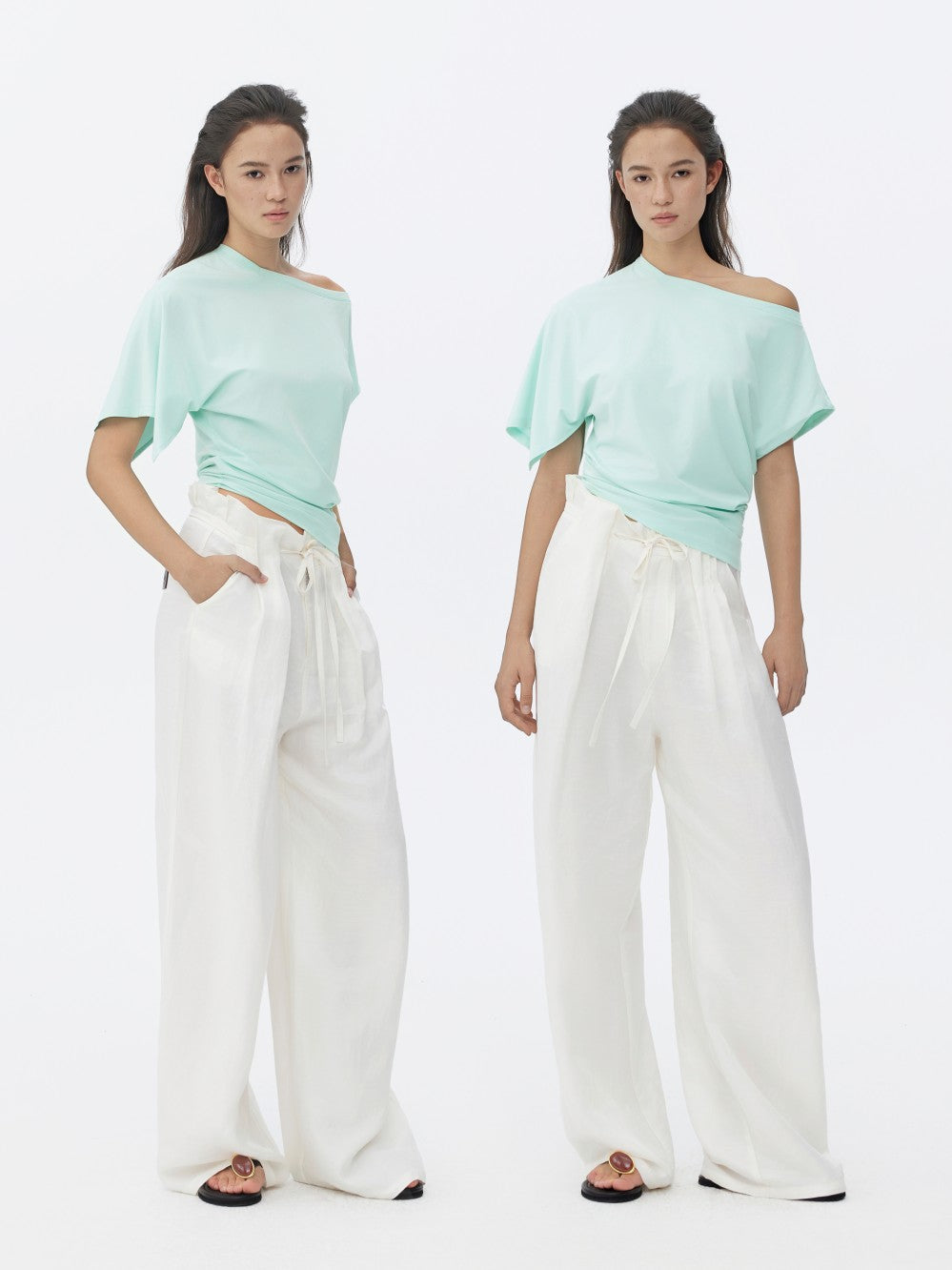 Three-colour Asymmetrical Waist-Cinched One-Shoulder Short Sleeve