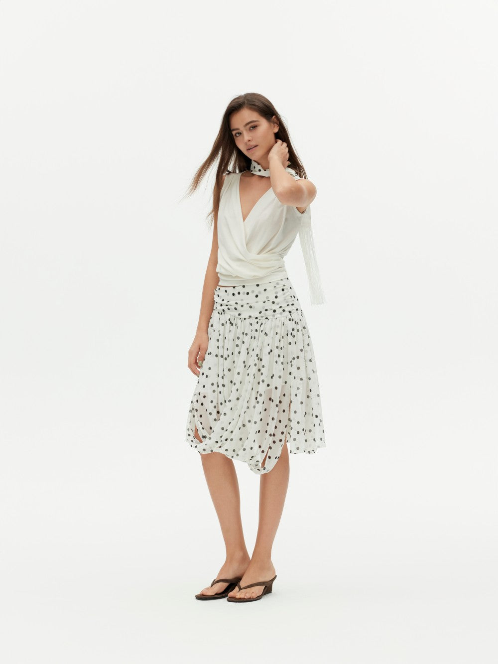 Polka Dot Midi Skirt with Asymmetrical Hem