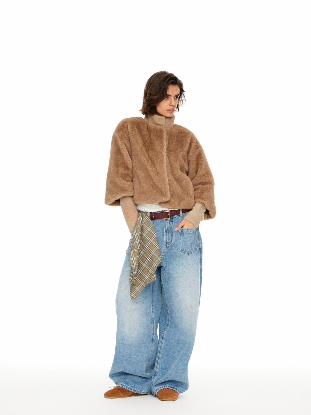 3/4 Sleeve Stand Collar Faux Fur Coat