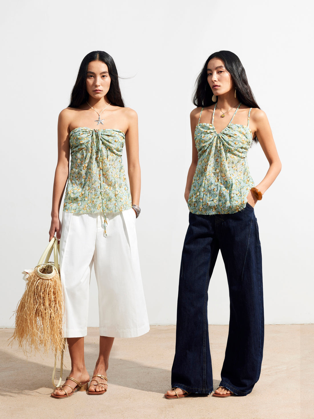 Dpercent 25SS Adjustable lace-up four-way dressing beaded floral top