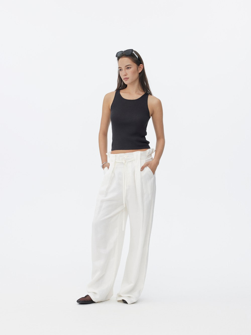 White Linen Petal Waist Loose Casual Pants