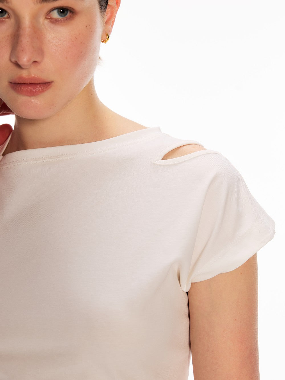 Asymmetric Shoulder Cutout Short Sleeve Top