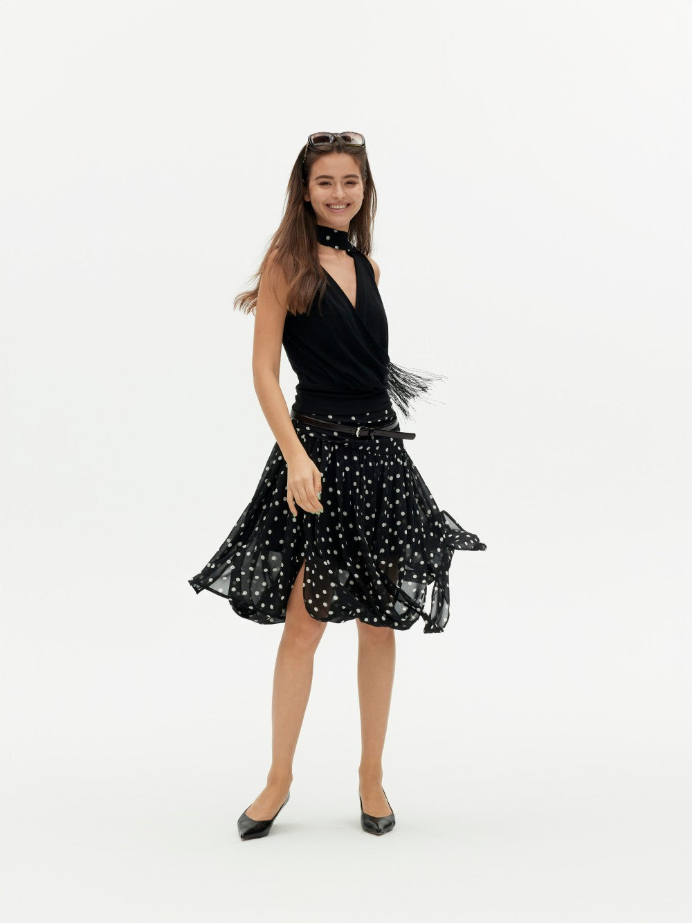 Polka Dot Midi Skirt with Asymmetrical Hem