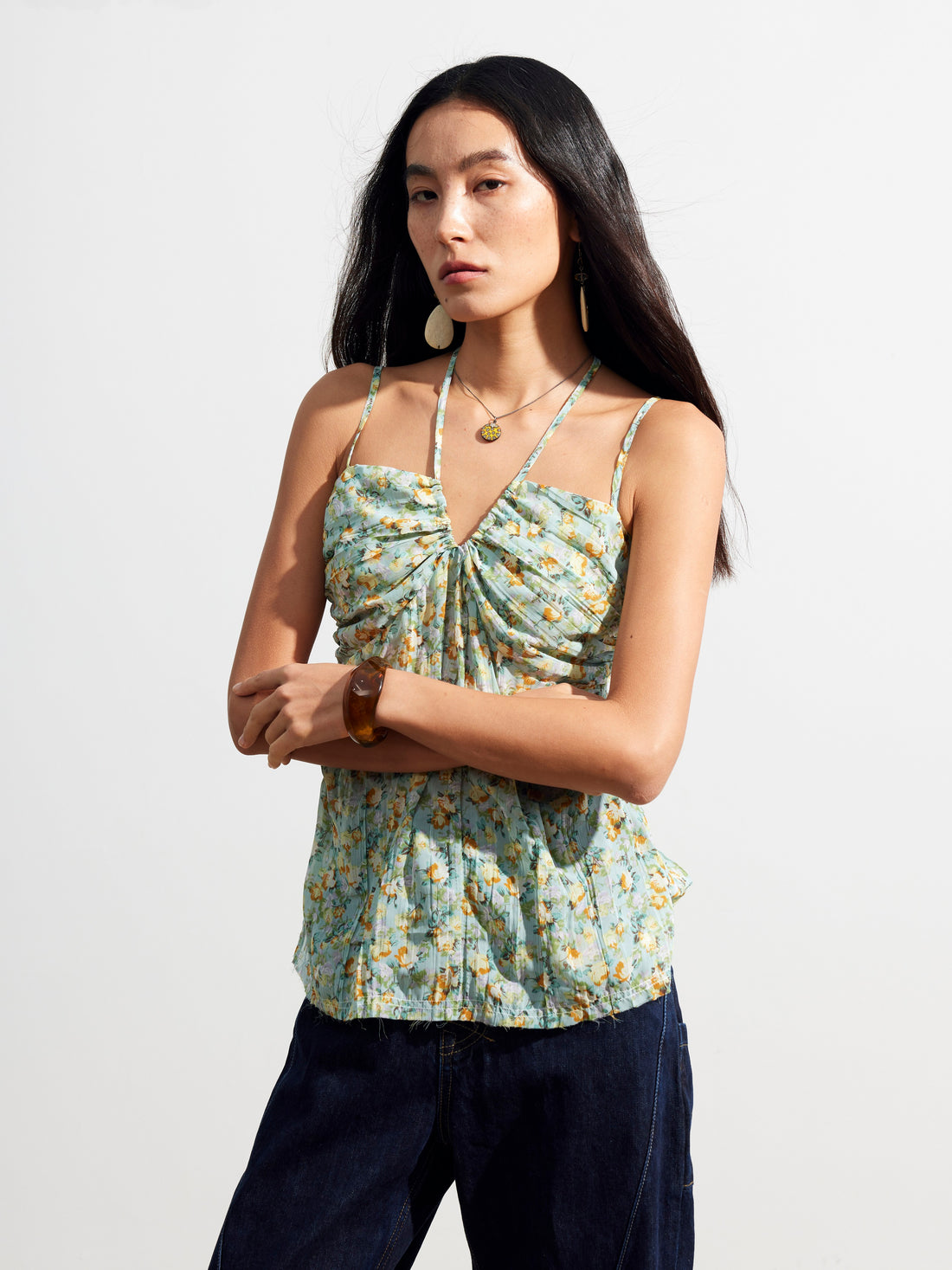 Dpercent 25SS Adjustable lace-up four-way dressing beaded floral top