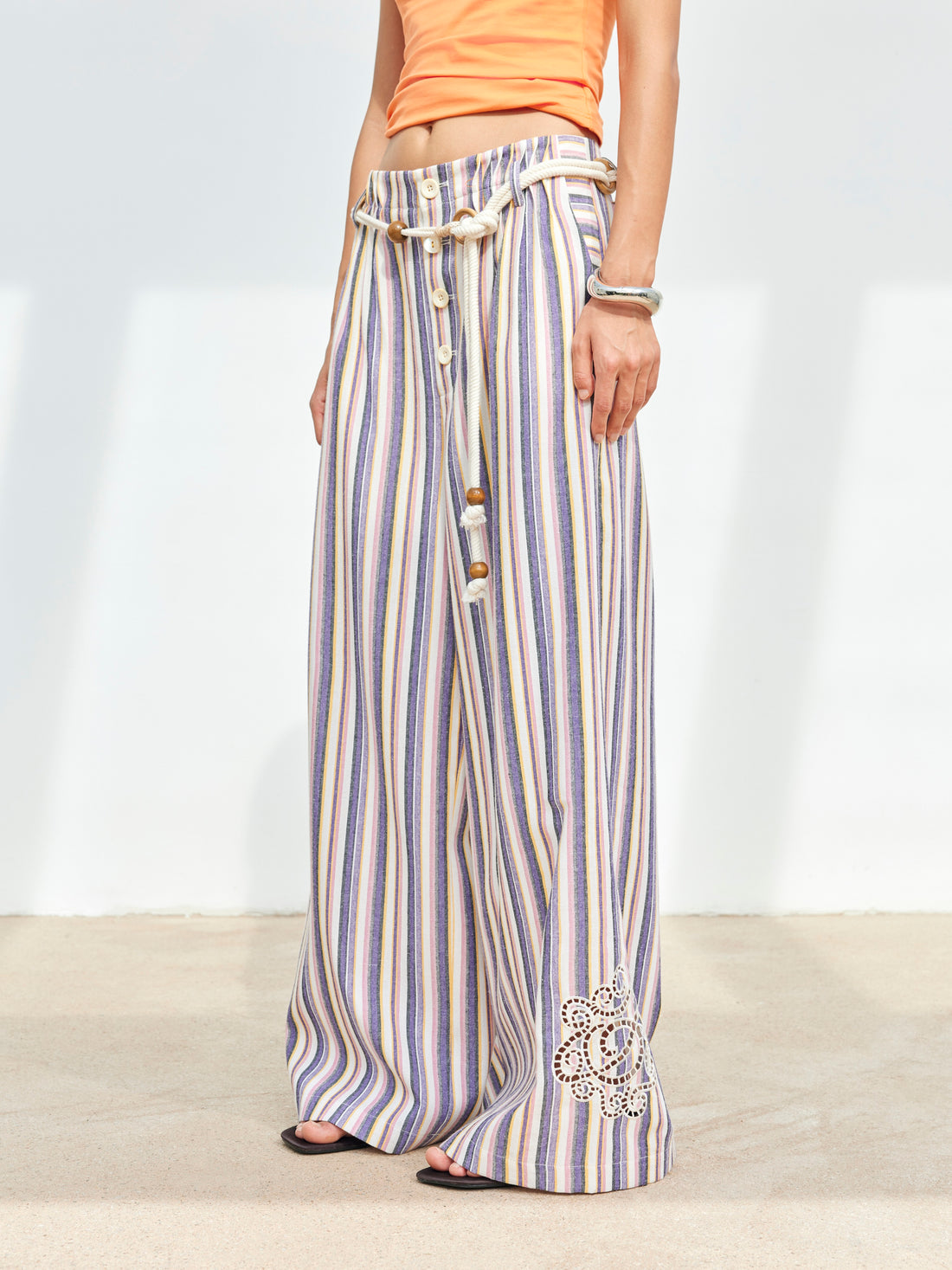 Dpercent 25SS Laser-cut embroidered wave pleated stripe wide-leg pants