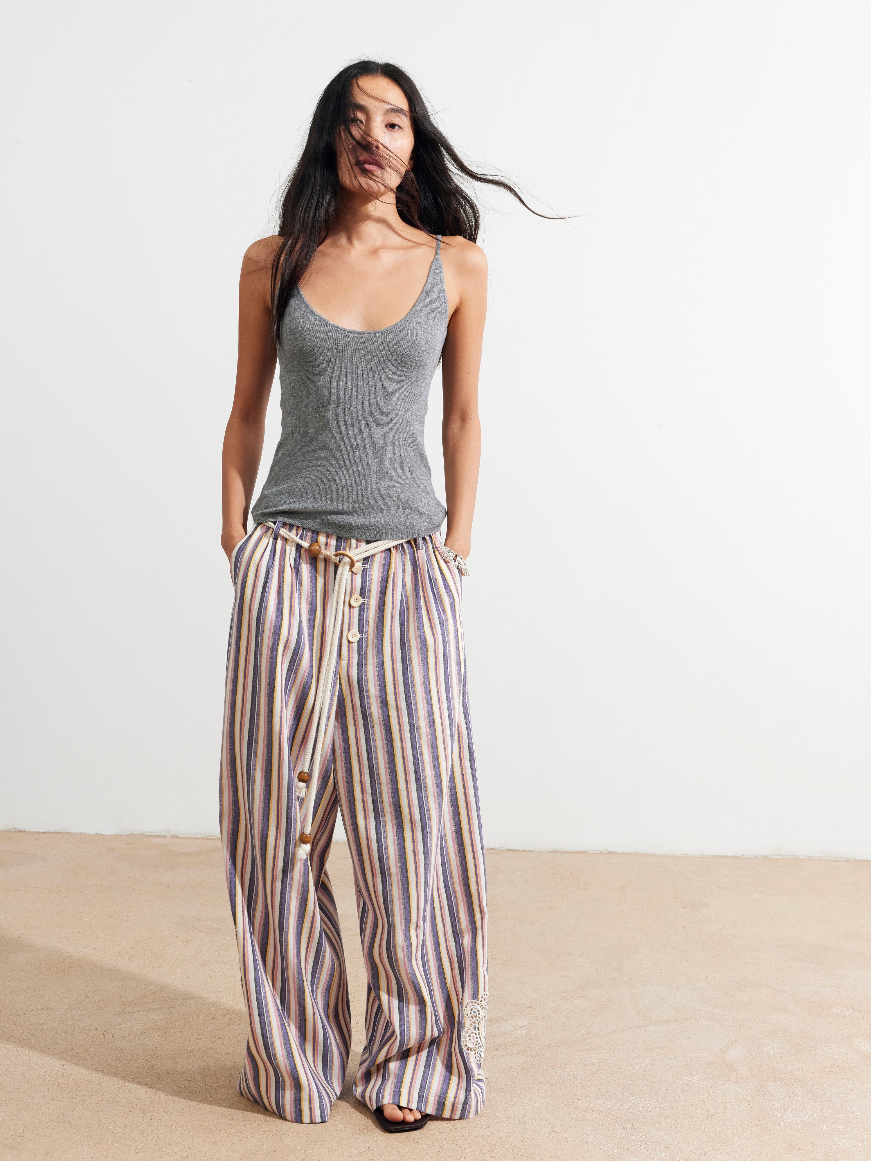 Dpercent 25SS Laser-cut embroidered wave pleated stripe wide