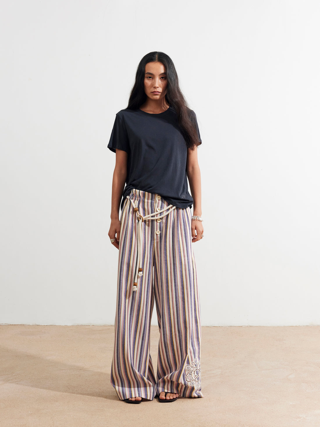 Dpercent 25SS Laser-cut embroidered wave pleated stripe wide-leg pants