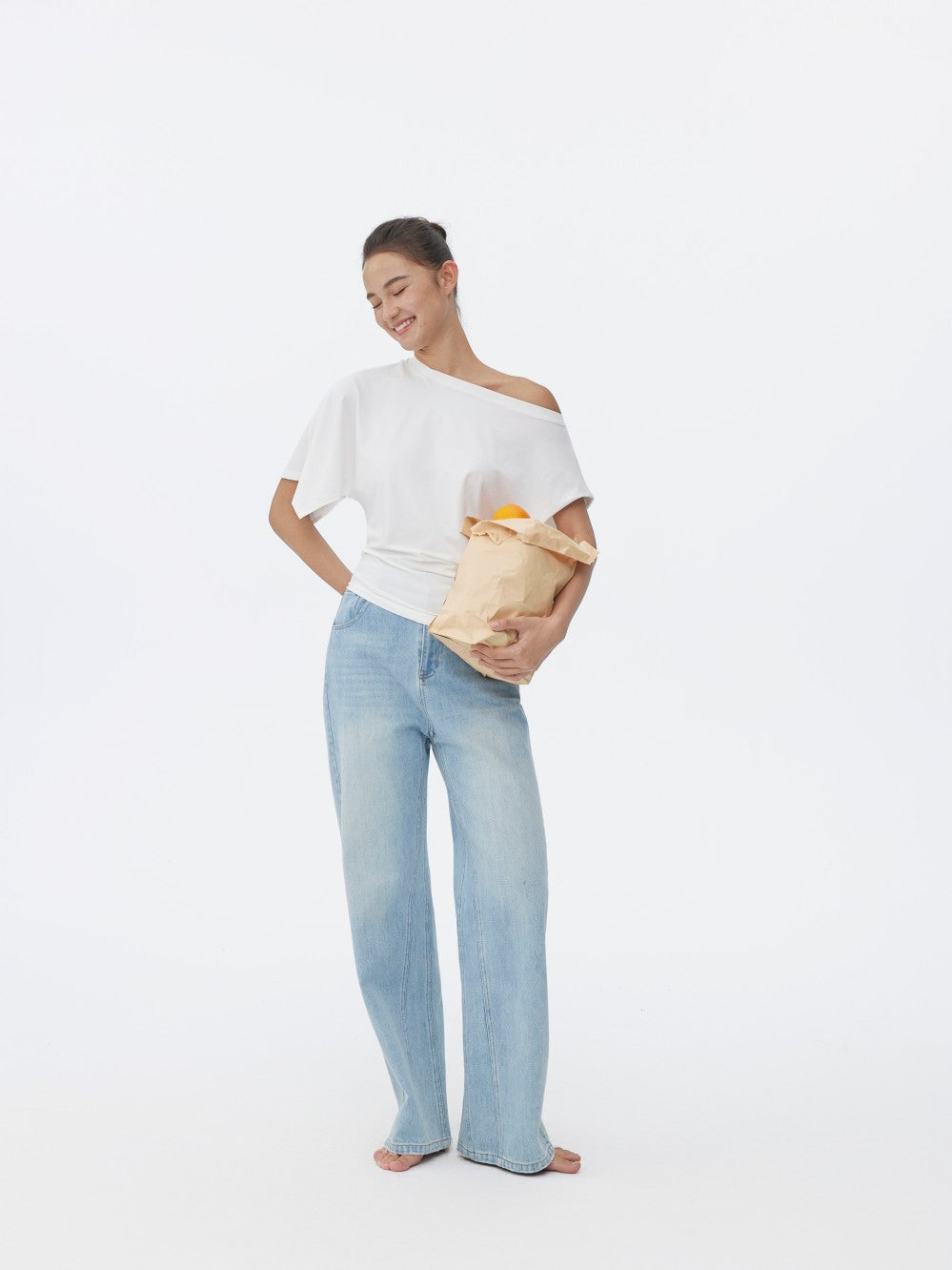Three-colour Asymmetrical Waist-Cinched One-Shoulder Short Sleeve