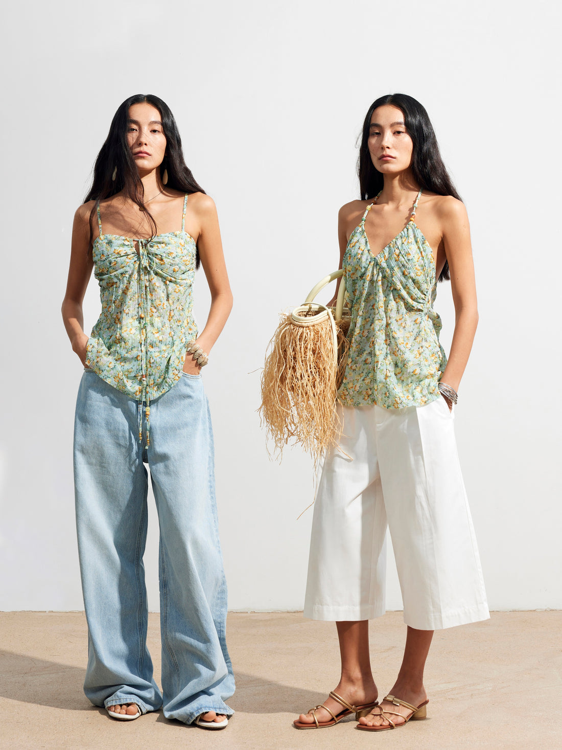 Dpercent 25SS Adjustable lace-up four-way dressing beaded floral top