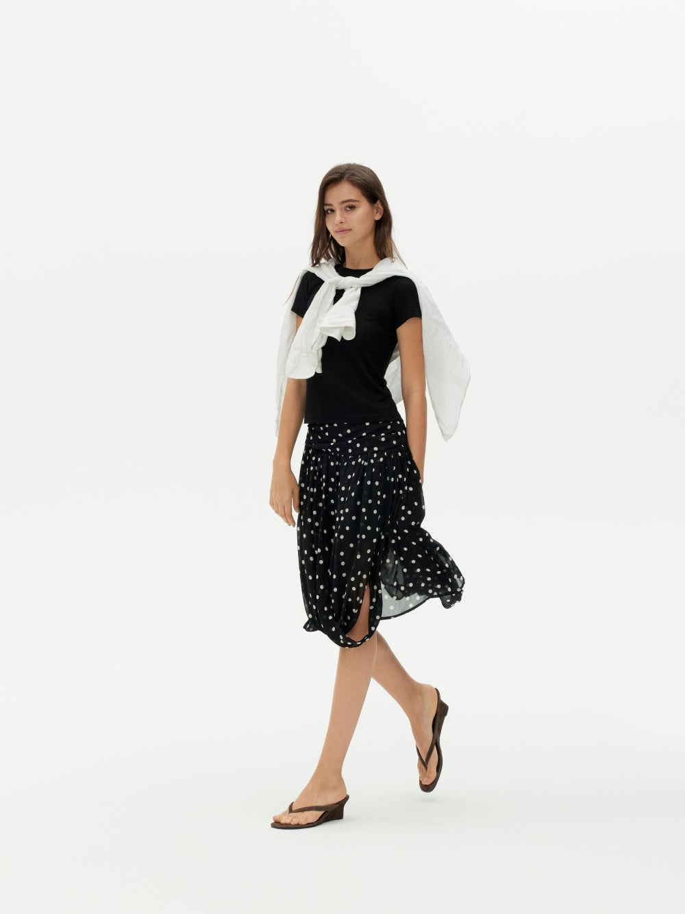 Polka Dot Midi Skirt with Asymmetrical Hem