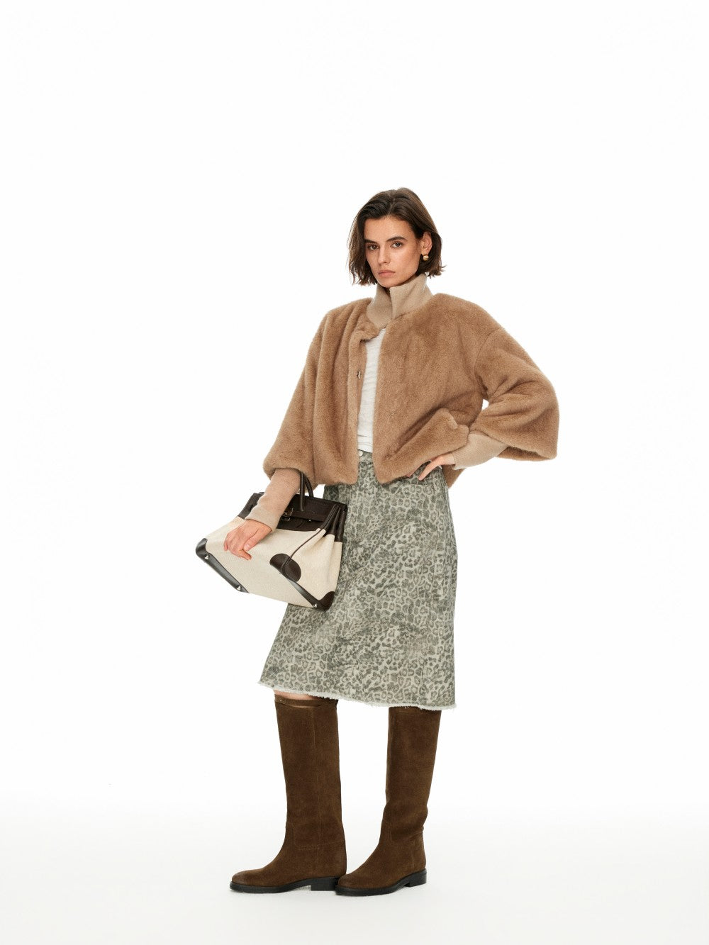 3/4 Sleeve Stand Collar Faux Fur Coat