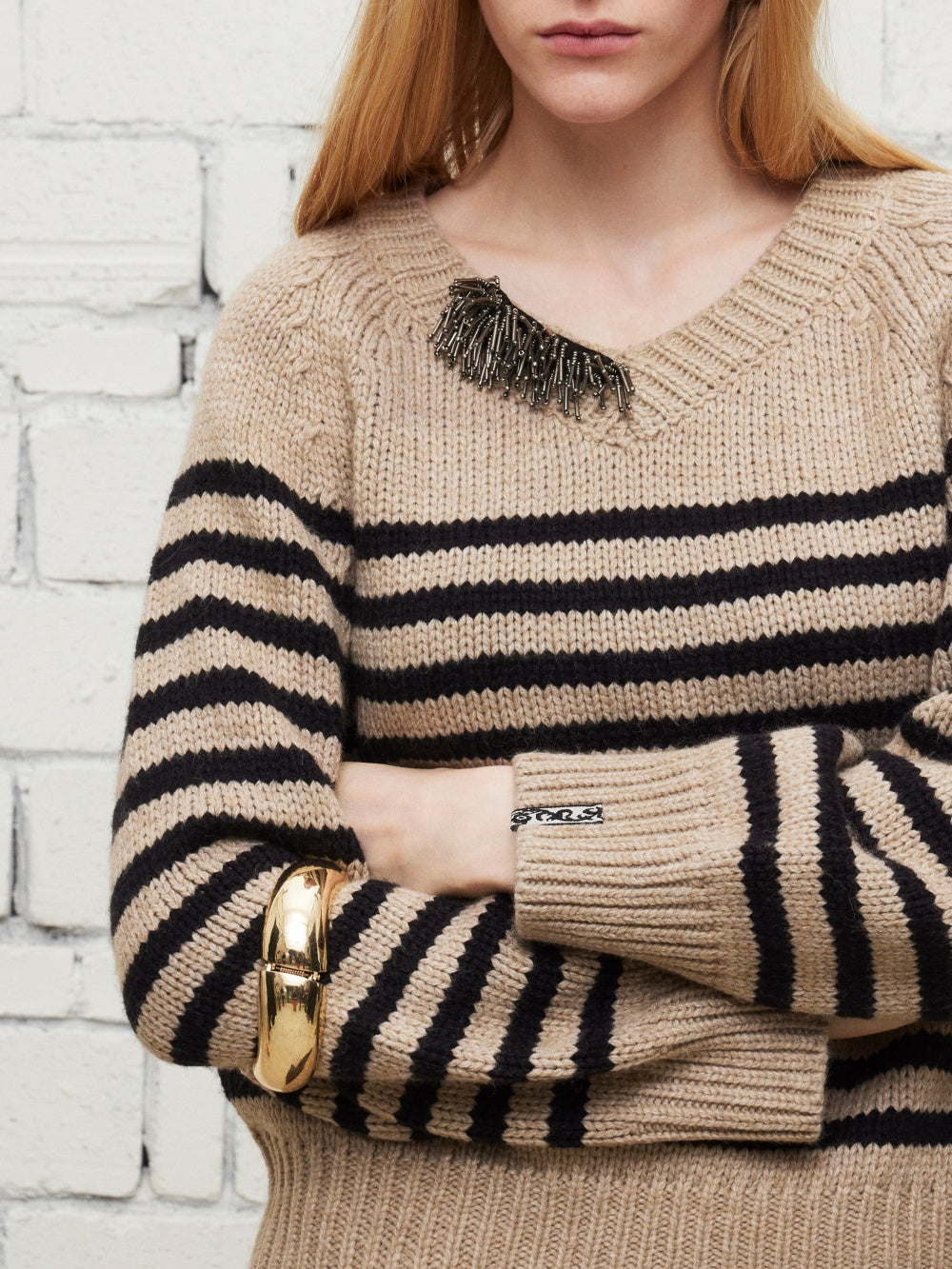 V-neck striped wool sweater