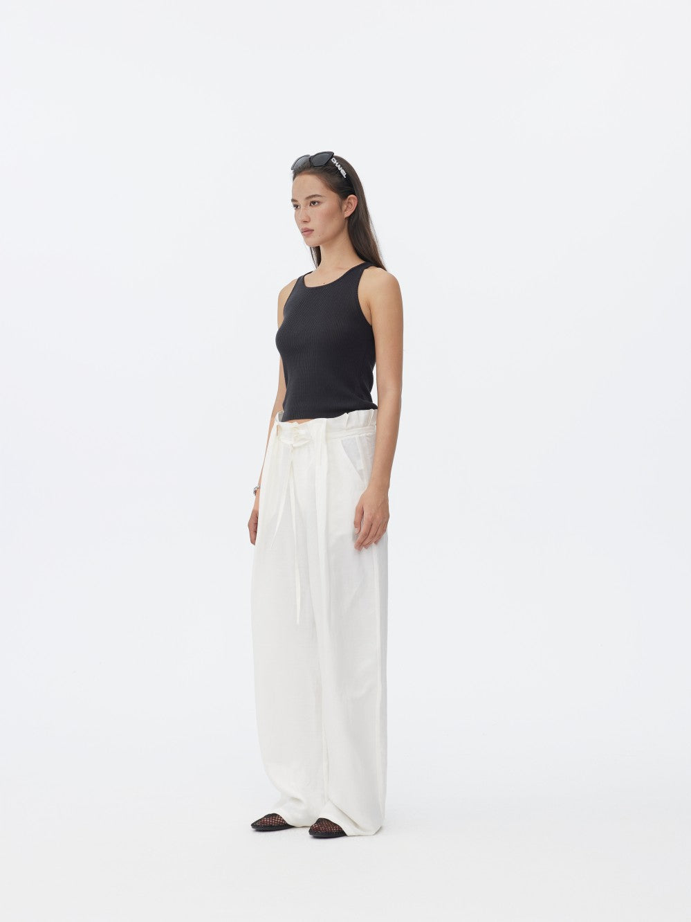 White Linen Petal Waist Loose Casual Pants