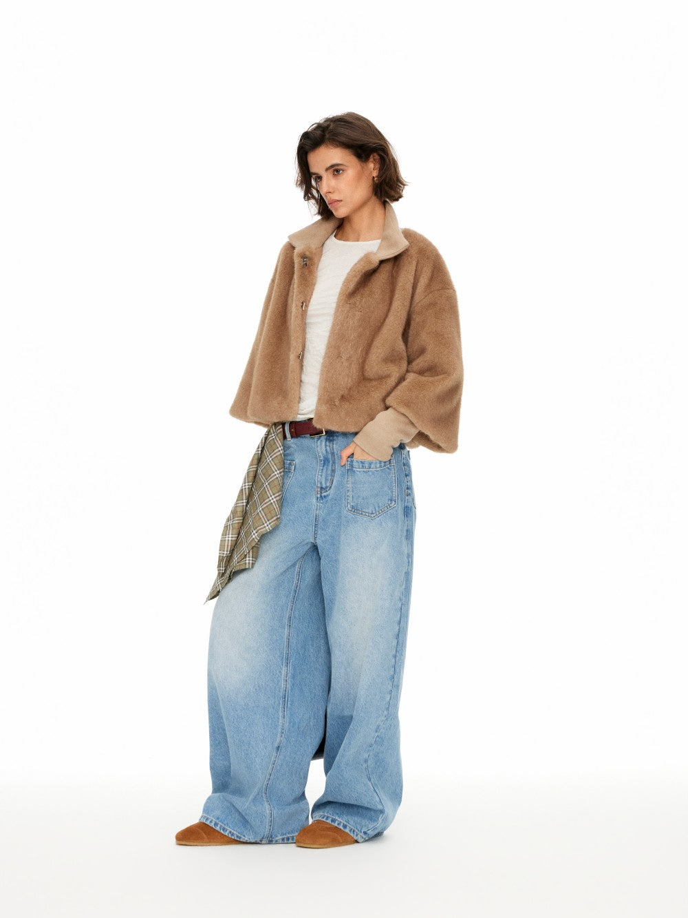 3/4 Sleeve Stand Collar Faux Fur Coat