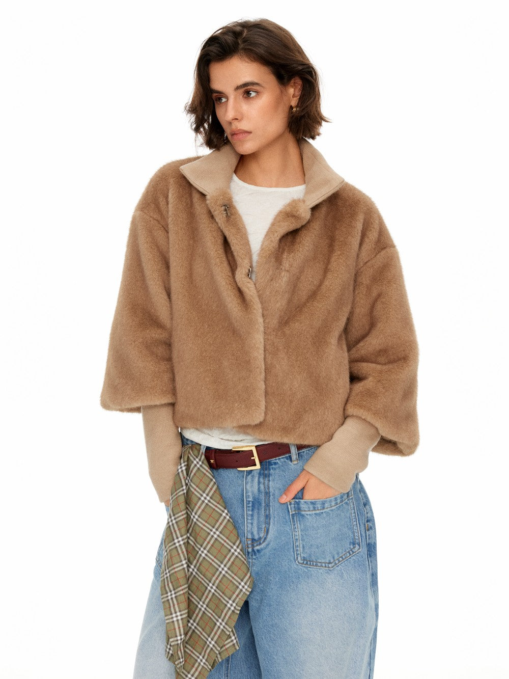 3/4 Sleeve Stand Collar Faux Fur Coat