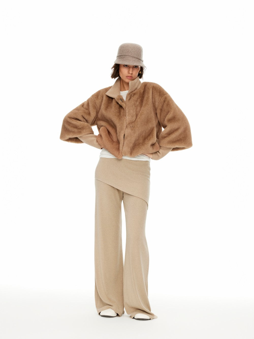 3/4 Sleeve Stand Collar Faux Fur Coat