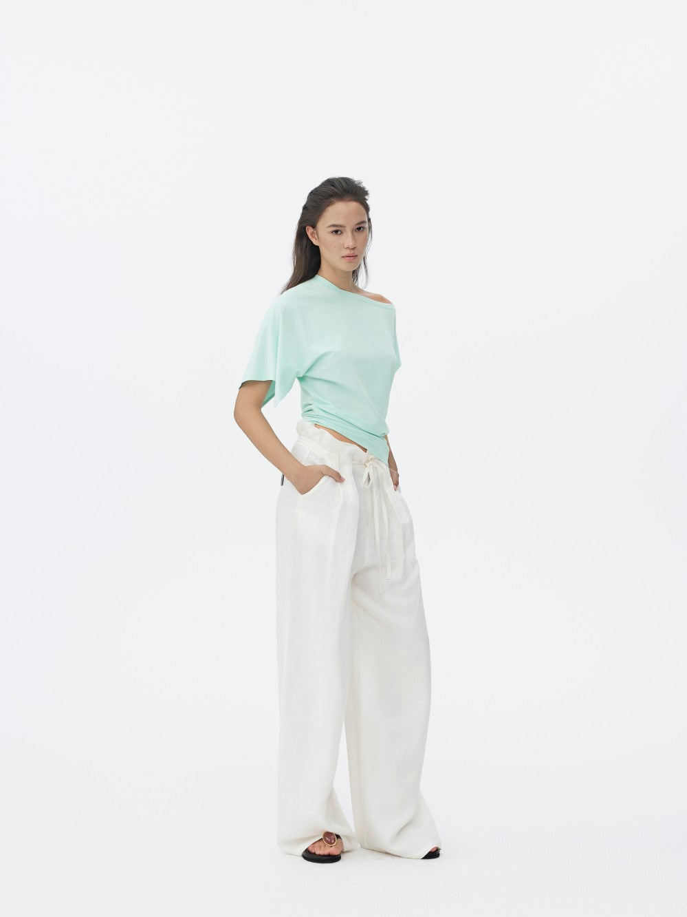 Three-colour Asymmetrical Waist-Cinched One-Shoulder Short Sleeve