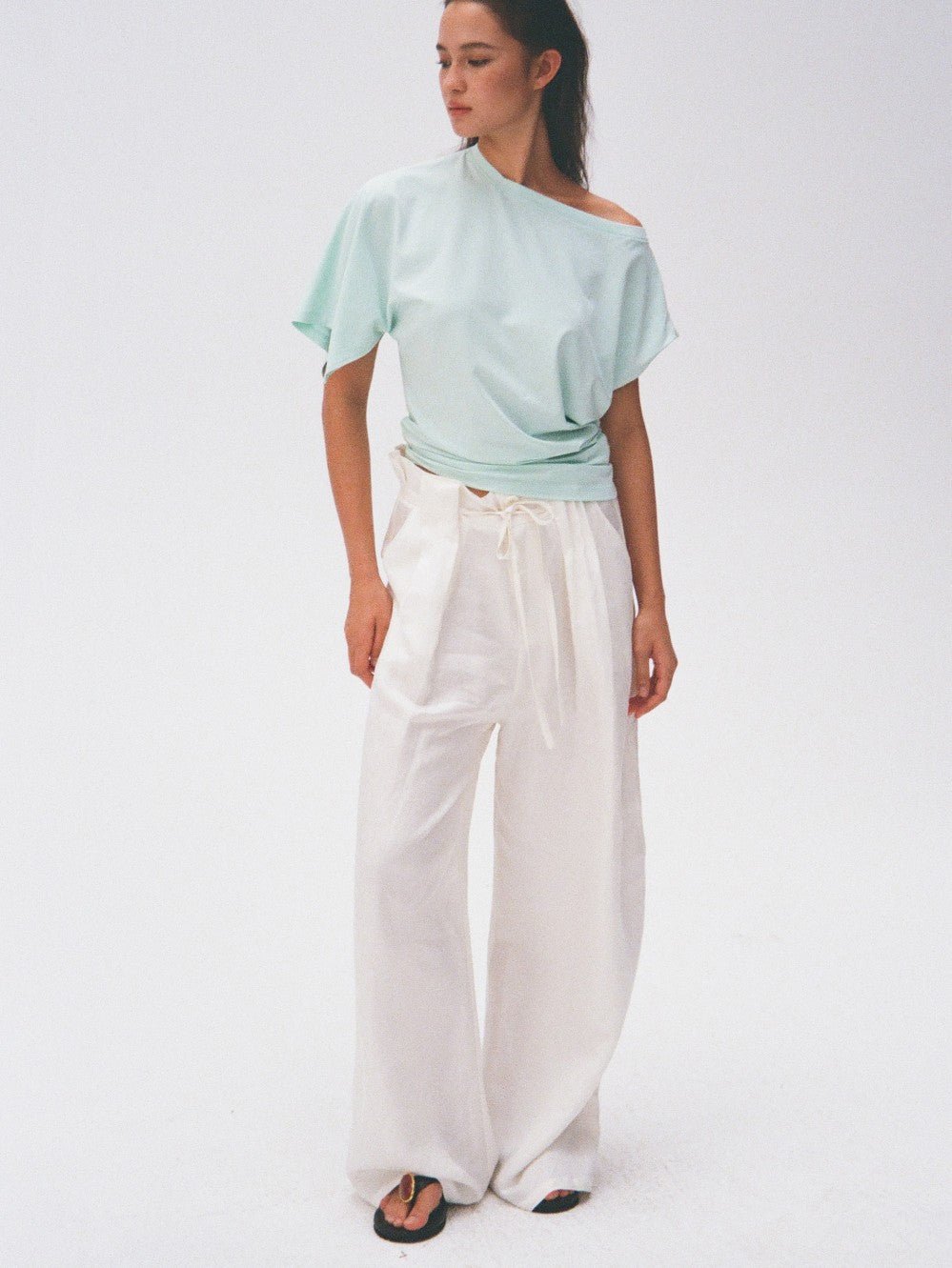 White Linen Petal Waist Loose Casual Pants