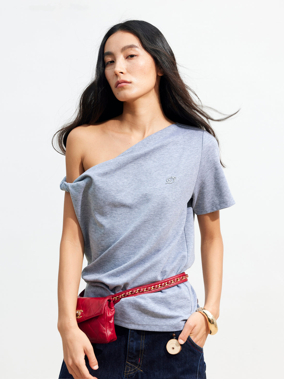 Dpercent 25SS Multi-color diagonal shoulder kink loose  T-shirt