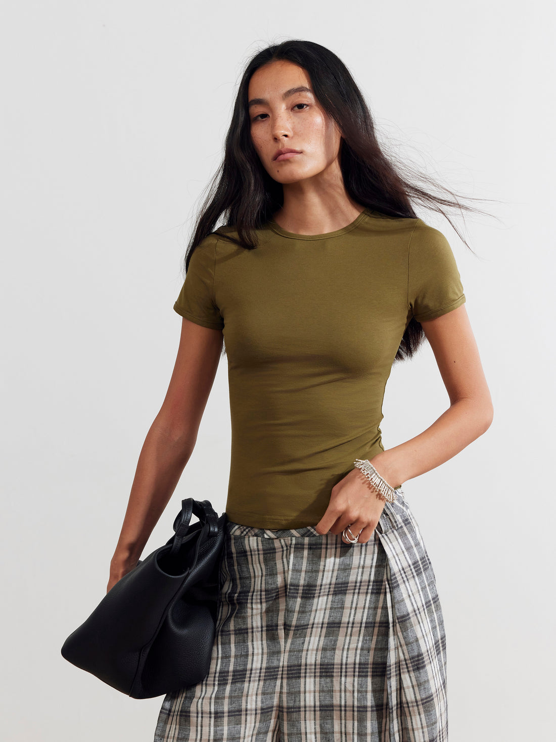 Dpercent 25SS Front shoulder basic all-purpose short round-neck slim-fit   T-shirt