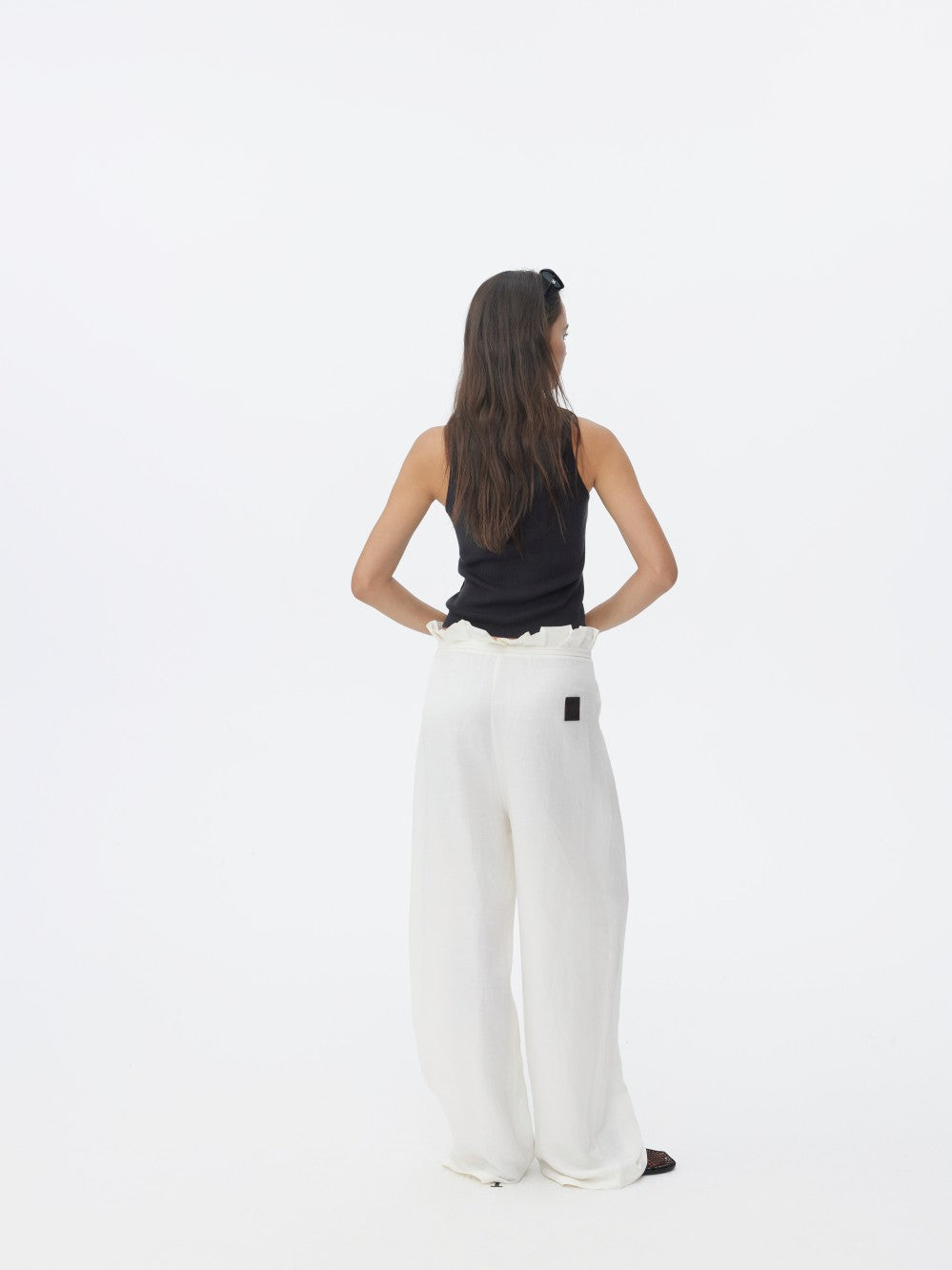 White Linen Petal Waist Loose Casual Pants