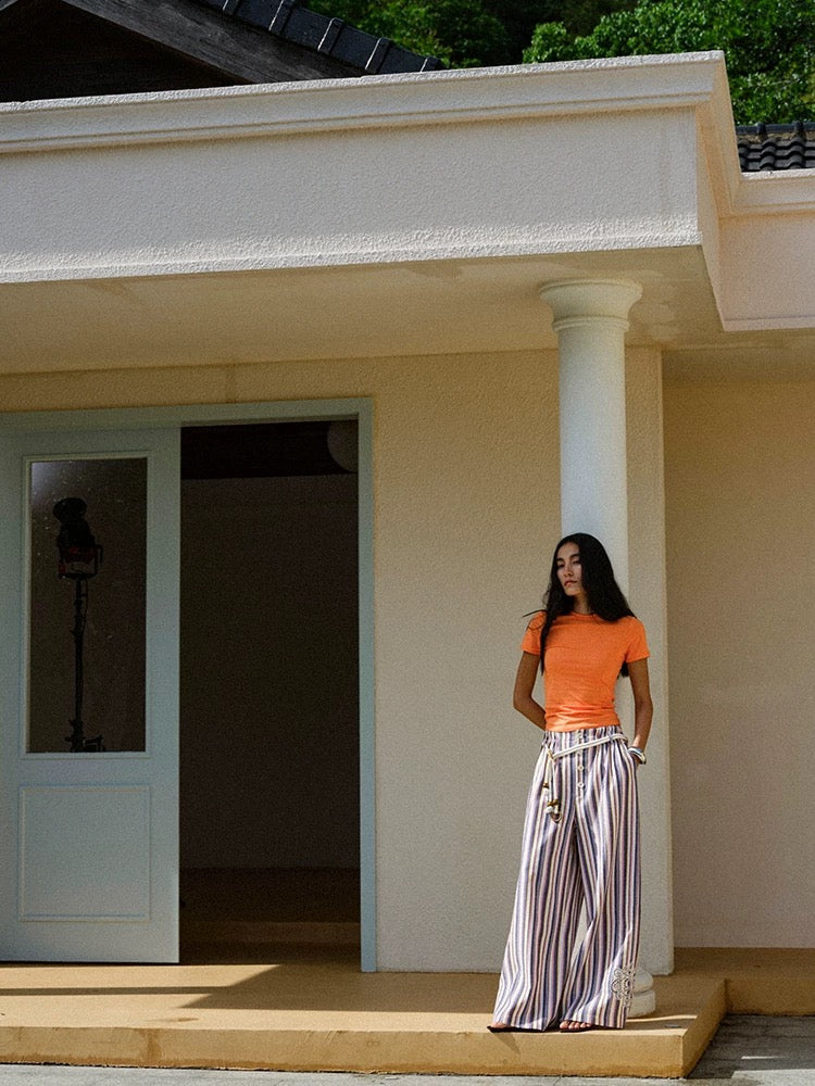 Dpercent 25SS Laser-cut embroidered wave pleated stripe wide-leg pants